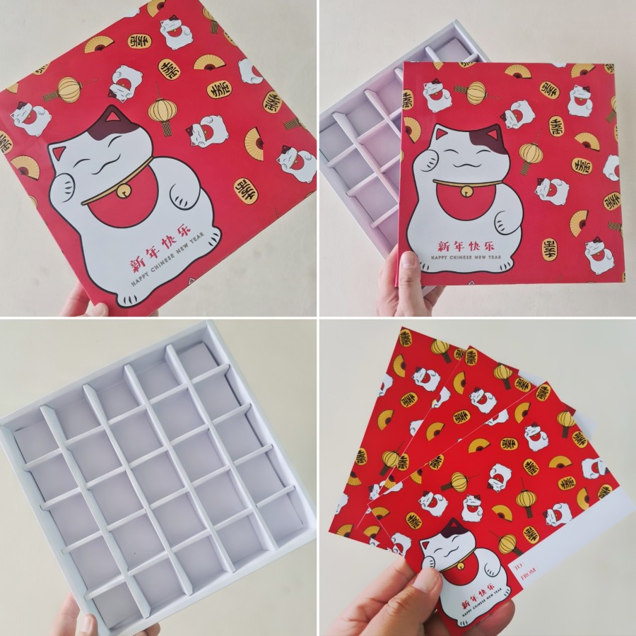 

10 pcs box imlek kemasan cookies sekat isi 25 ukuran 4x4x3cm lucky cat red cny