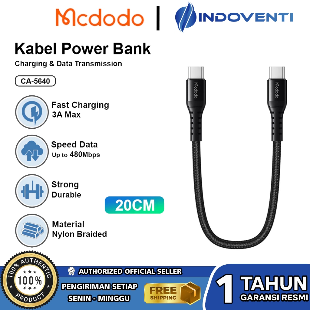 MCDODO Kabel Data Charger Pendek Power Bank Type C to Type C Fast Charging 60w 20CM For Oppo Vivo Sa
