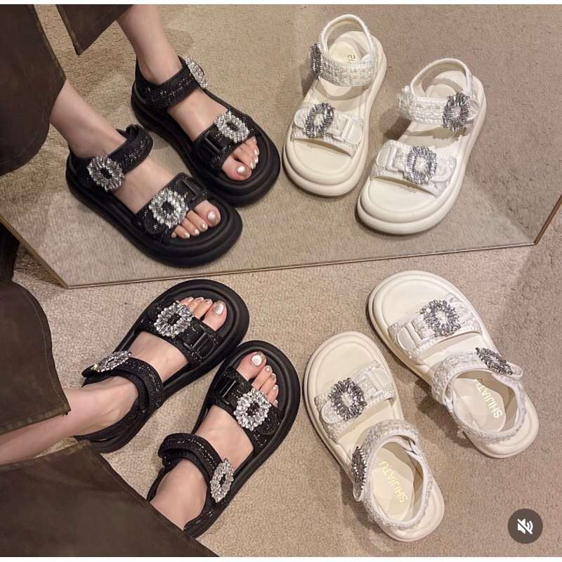 7170 wedges sendal wanita cewek murah cewek flat shoes  keren hangout  ringan hitam cream mewah kere