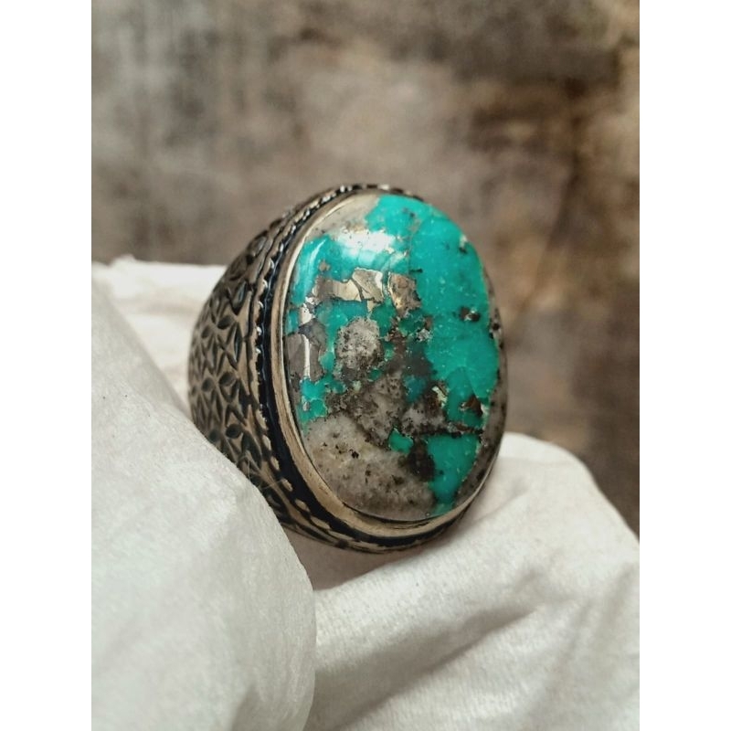 Cincin Pirus Persia Biru Serat Perak