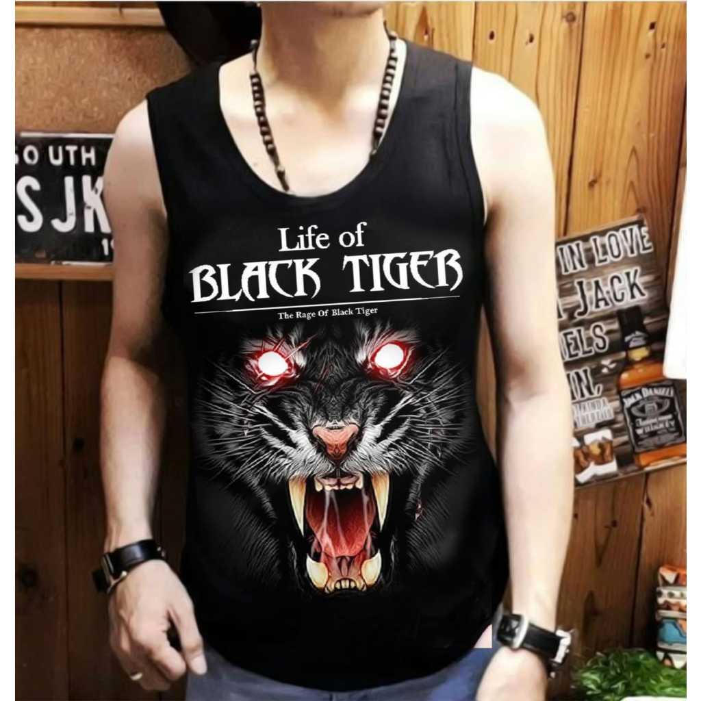 Singlet Pria Hitam Santai Dan Gym Motif Black Tiger