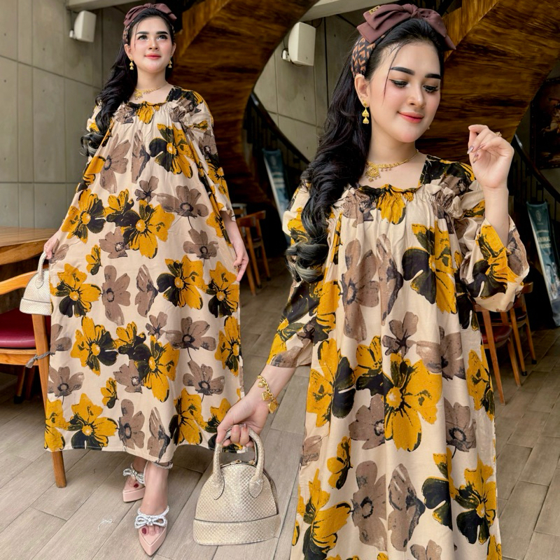 youniquebyjihan LONGDRESS fuji Ld 120 Daster jumbo kekinian Panjang Semata kaki Lengan 7/8 rayon pre