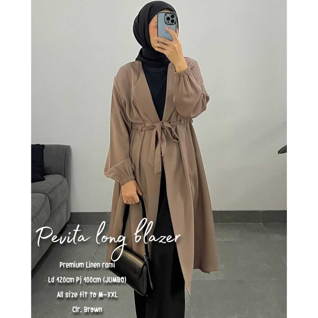 Pevita Long Blazer Atasan Outer Wanita Jumbo Ld 120 Big Size XXL Premium Linen Rami
