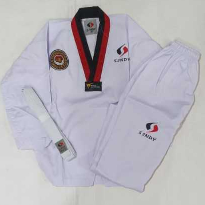 Baju Taekwondo kerah poom / Dobok Diamond two Sendy Kerah Merah Hitam