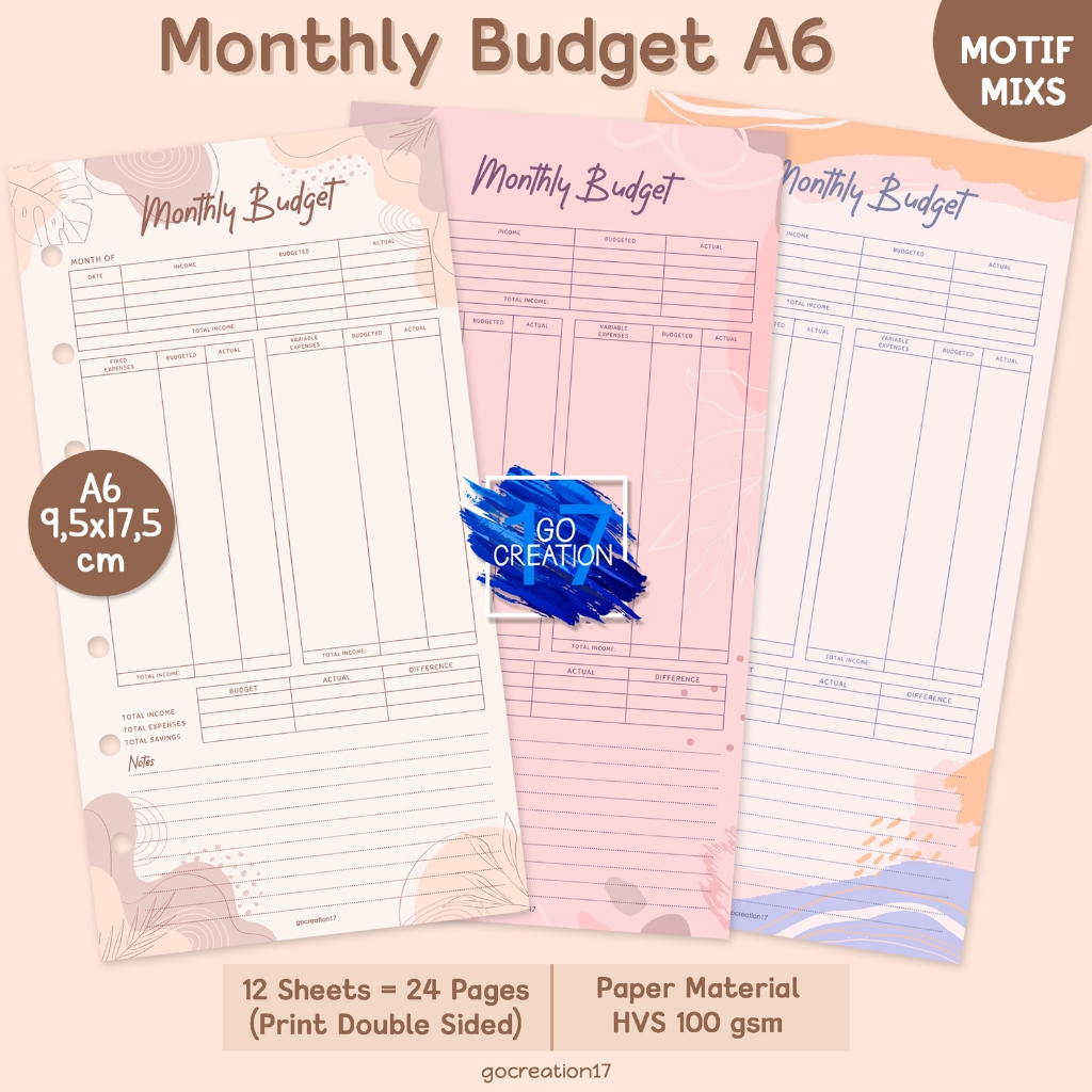 

Buku Planner Refill Kertas Binder Monthly Budget Motif Premium A6