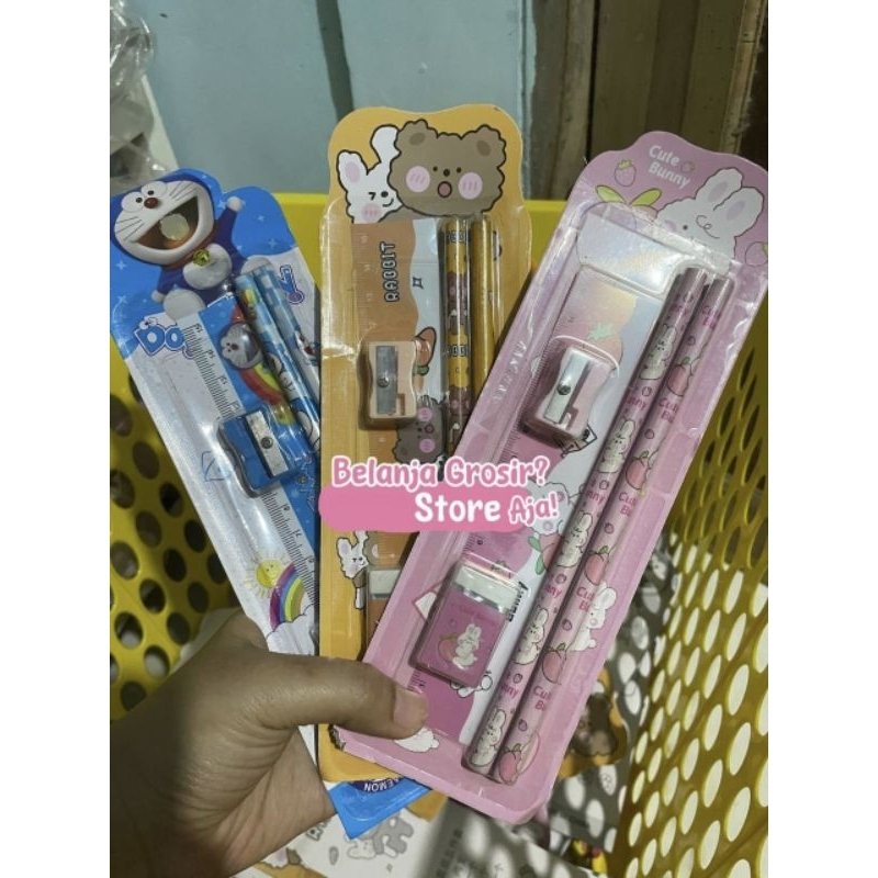 

Set alat tulis isi 5 5in1 kode 78, Pencil 2, penghapus, rautan, penggaris