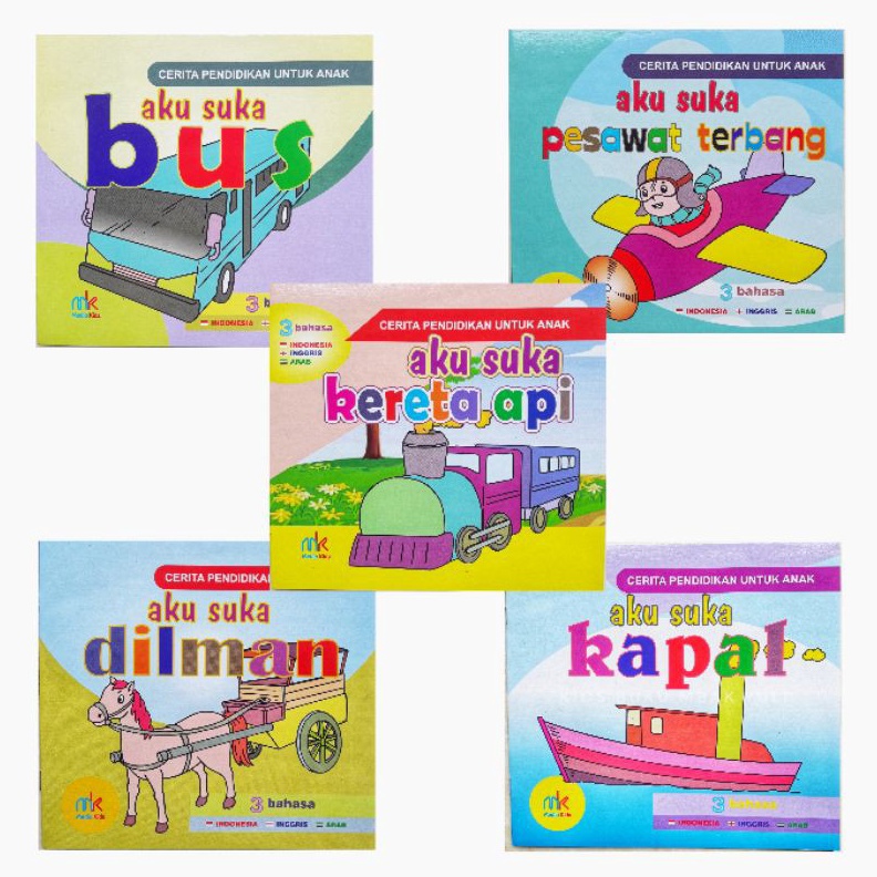 Paket 5 Buku Cerita Pendidikan Anak Transportasi 3 Bahasa Indonesia Inggris Arab Full Color