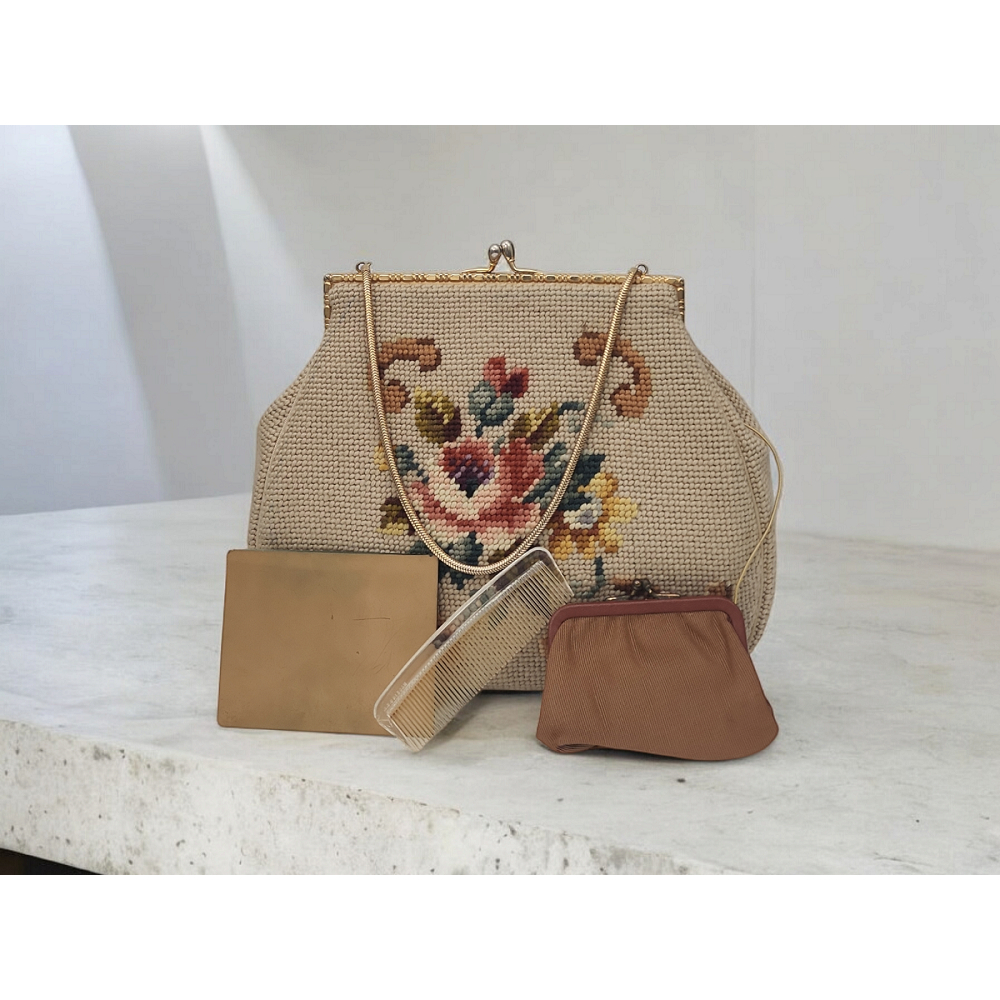 Vintage 60's Martha Klein Vintage | Needlepoint Floral Cream Handbag Purse