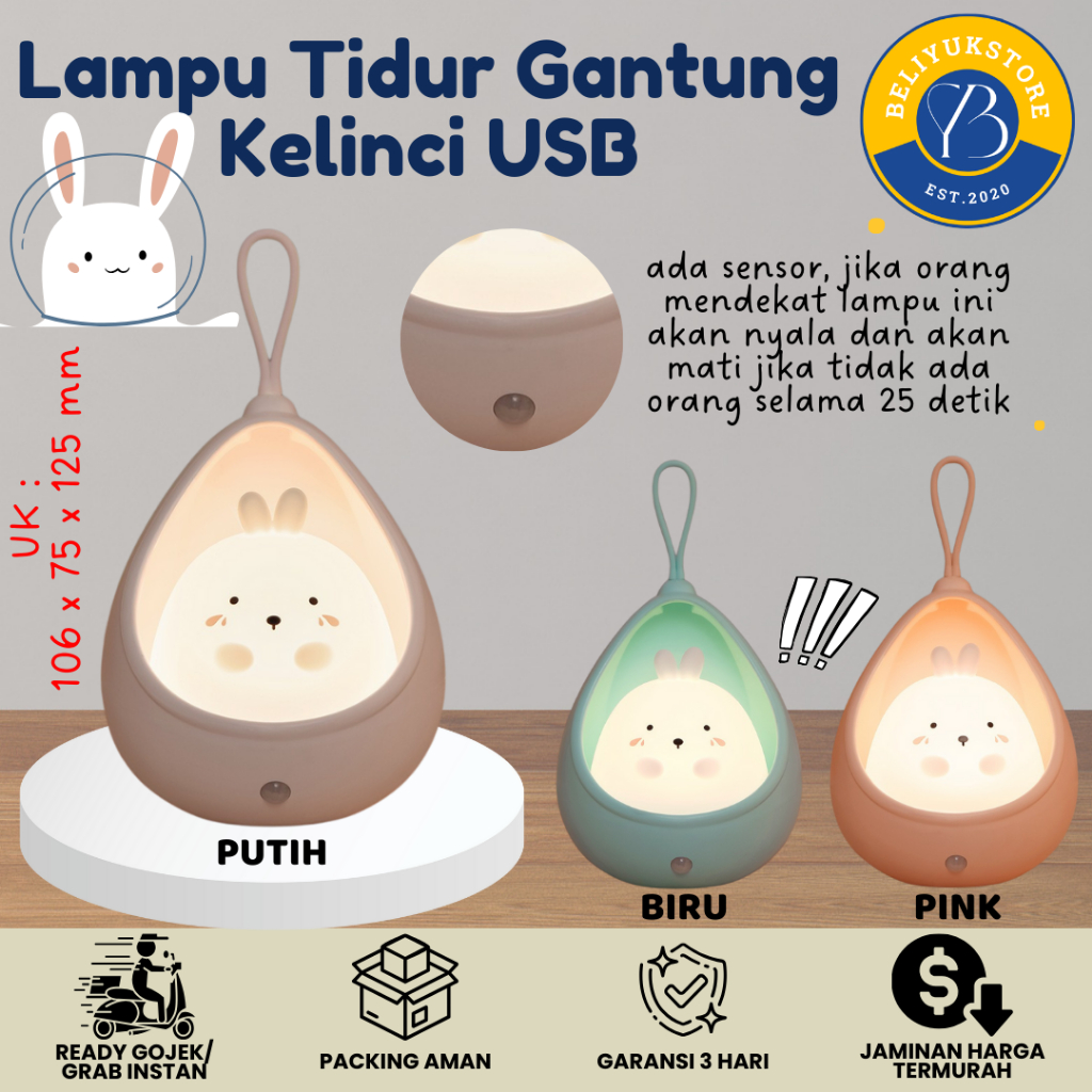 Lampu Tidur Gantung Kelinci USB / Lampu Meja Belajar Pencahayaan / Lampu Tidur Meja Hias Lucu