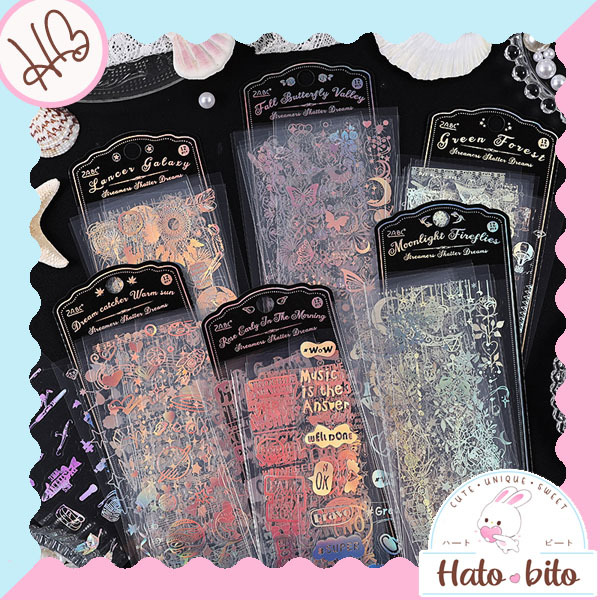 

1 set isi 12 lembar broken dream hologram sticker deco stiker diy journaling diary aesthetic transparent shining HB1812