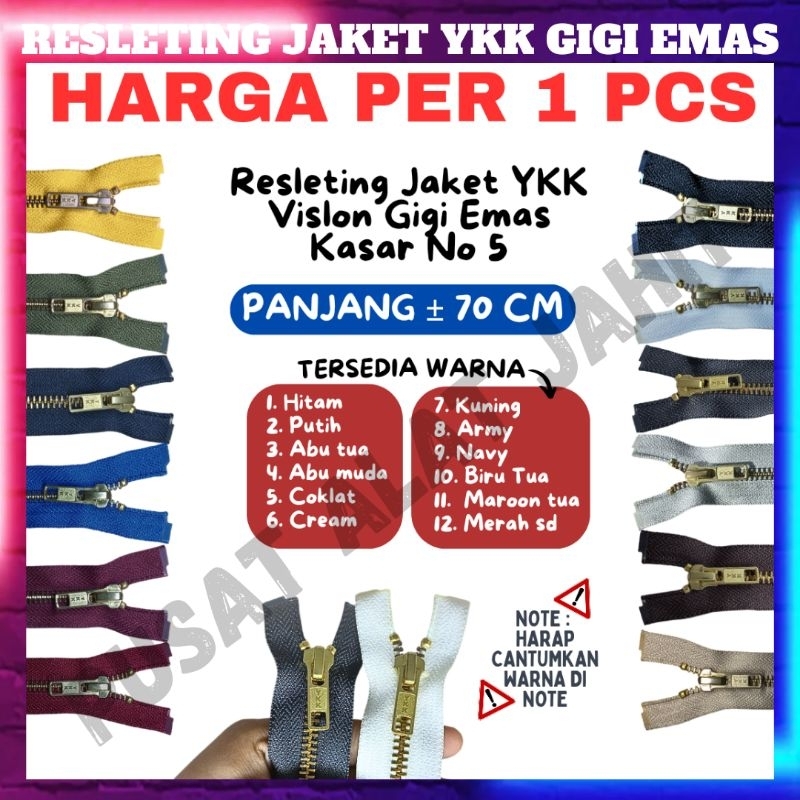 RESLETING RITSLETING SLETING JAKET ZIPPER JACKET VISLON YKK GIGI KASAR BESI EMAS KASAR NO 5 ORIGINAL