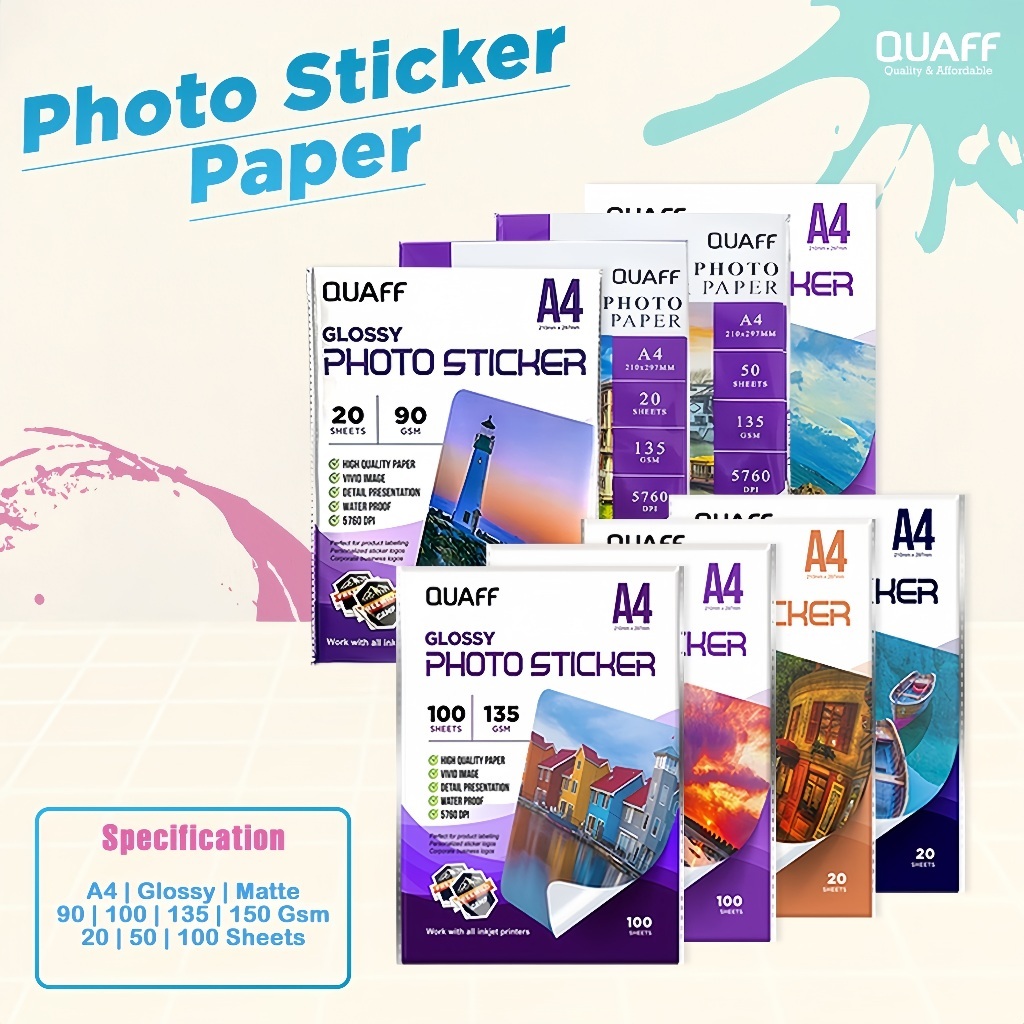 

Quaff Sticker Glossy Photo Paper A4 A3 (50 Lembar) / Kertas Foto Glossy Stiker Tahan Air