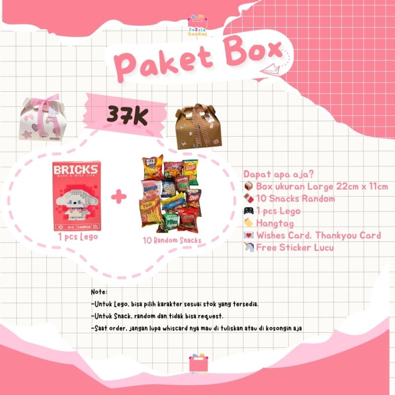 

Paket Box Large (1 Lego + 10 Snacks)