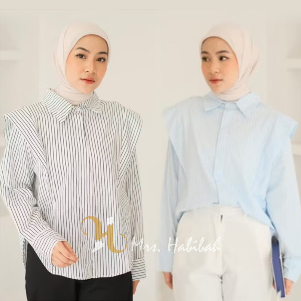 Outfit wanita salur kekinian | kemeja stripe shirt | kemeja garis garis korea style