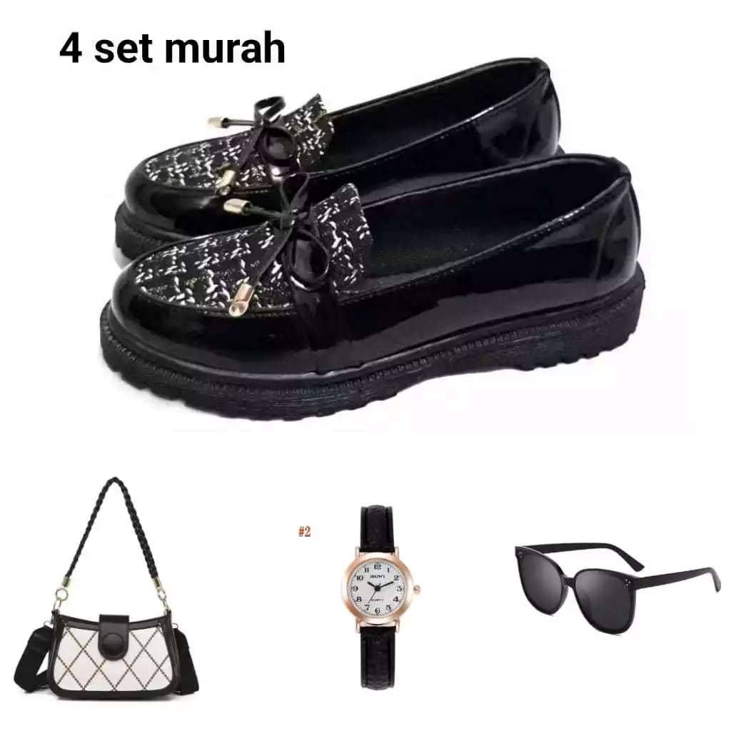 Paket bundling 4 set sepatu kacamata jam tangan tas laura