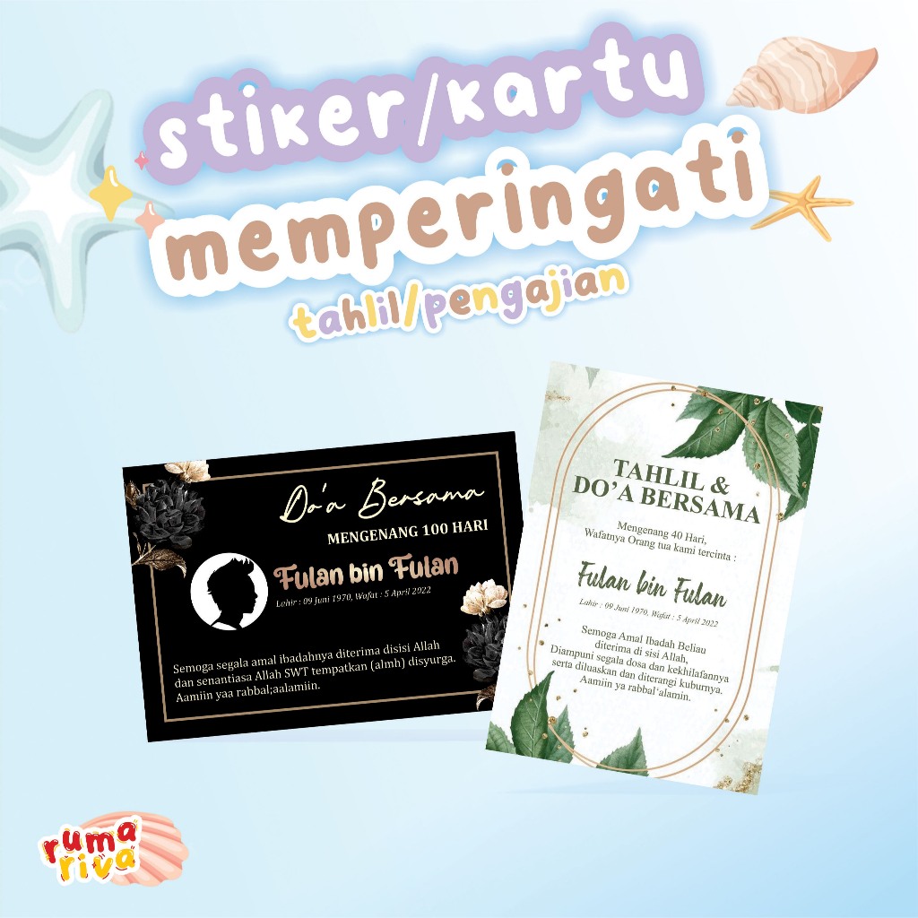 

STIKER TAHLIL ◽ STIKER MENGENANG 40 100 1000 HARI WAFAT ◽ TAHLILAN ◽ TASYAKURAN ◽ KARTU UCAPAN KEMATIAN ◽ HAUL ◽ STIKER PERINGATAN