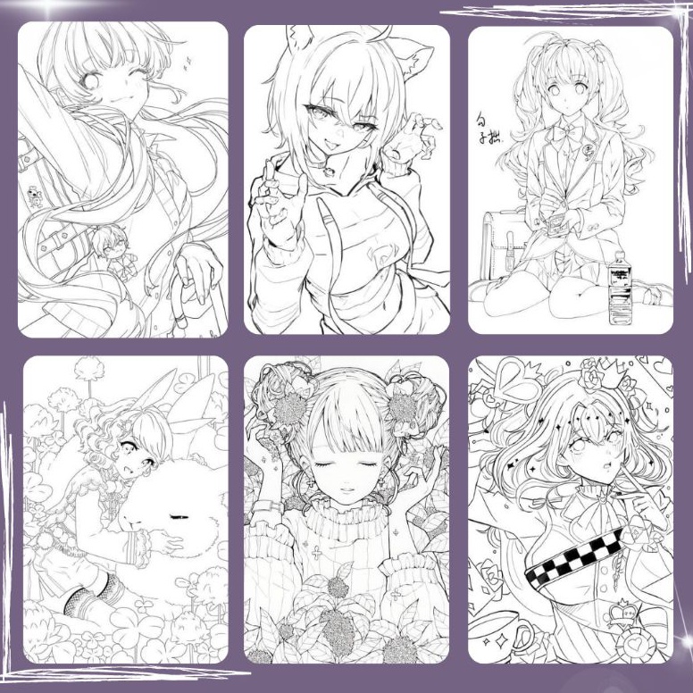 KODE T78I 5 Lembar Gambar Sketsa Mewarnai Anime Cewek