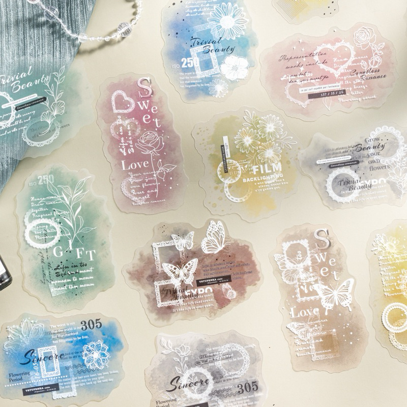 

(1CD) sticker transparan motif bercak ink spot pastel + tulisan dye lace renda word journaling