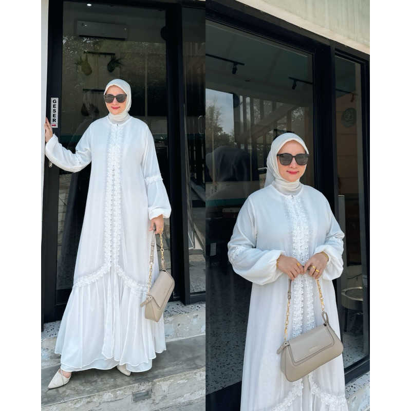 GAMIS ABAYA PUTIH KOMBINASI RENDA DAN PAYET DENGAN RAMPEL