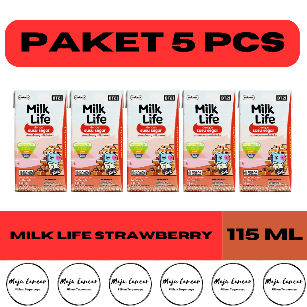 

susu UHT strawberry milk life kids 115 ml bt21 (paket 5 pcs) / susu UHT stroberi