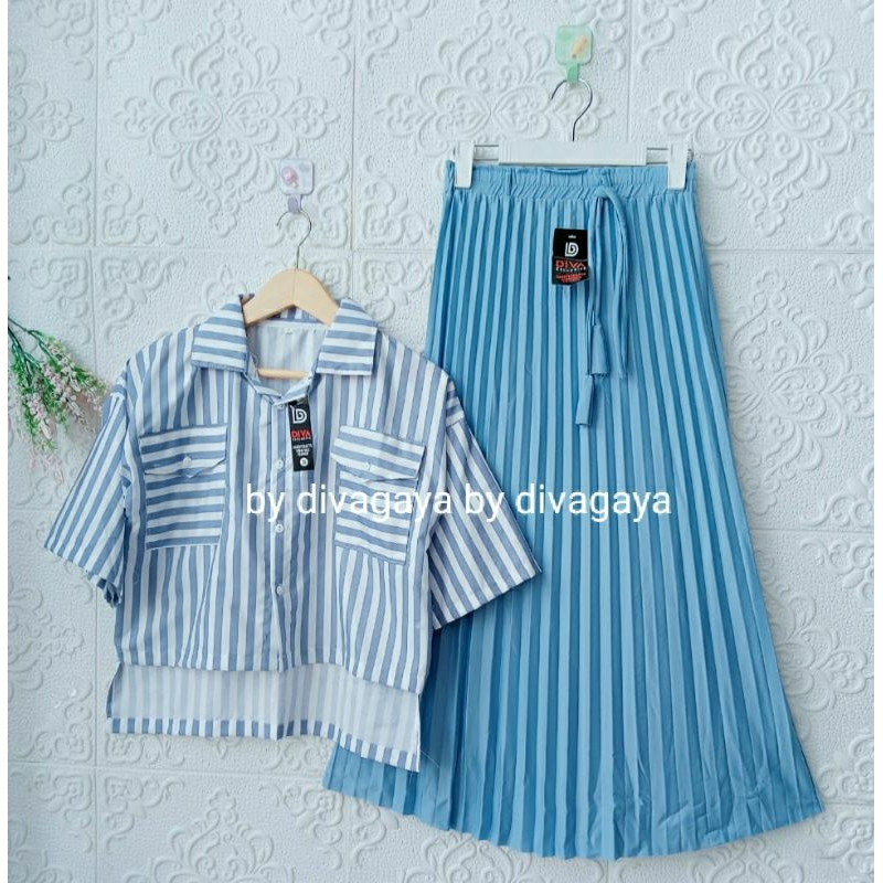 Setelan Anak Betaria Atasan Kemeja Crop Rok Plisket Mayung Kekinian