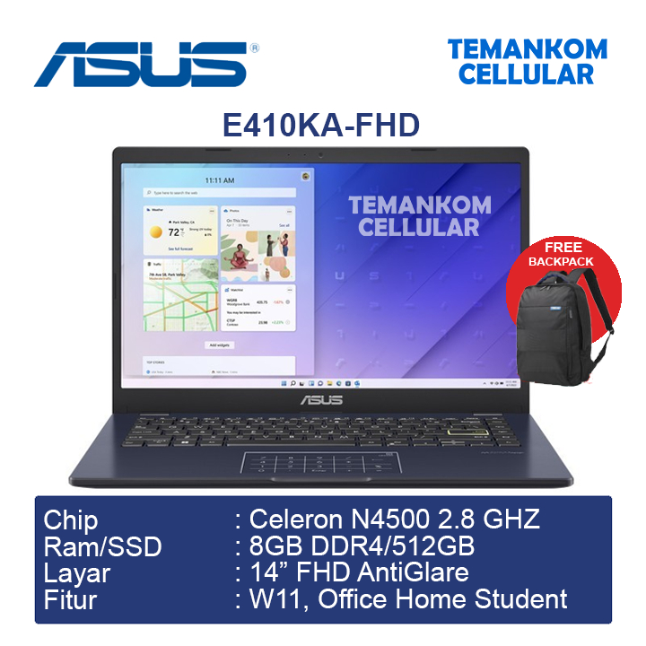 Laptop ASUS Vivobook Go 14 E410KA FHD Intel N4500 RAM 8GB SSD 512GB Notebook 14″ FHD baru GARANSI RE
