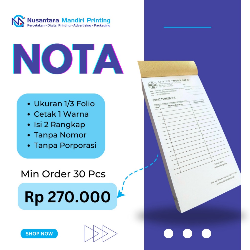 

Nota Ukuran 1/3 Folio 2 Rangkap - Cetak 1 Warna
