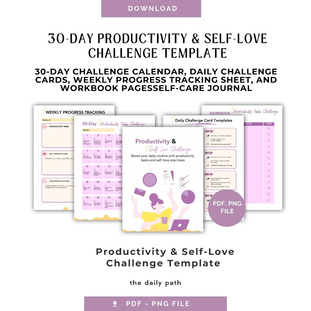 

30-Day Productivity & Self-Love Challenge Printable | Boost Your Productivity & Self-Love Journey Challenge Card Template