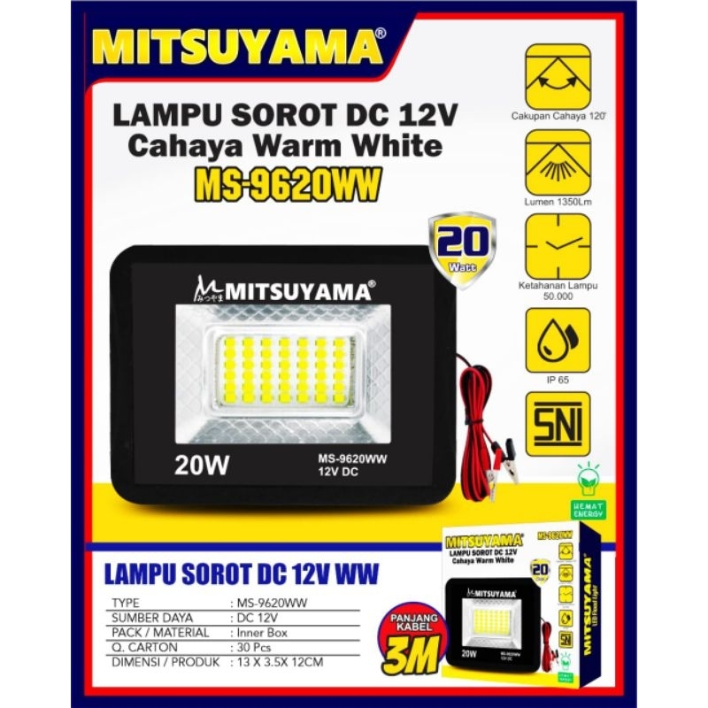 Lampu Sorot LED DC 20 Watt Aki Lampu Sorot DC 20Watt Cahaya Warm White/Kuning Lampu Sorot MITSUYAMA 