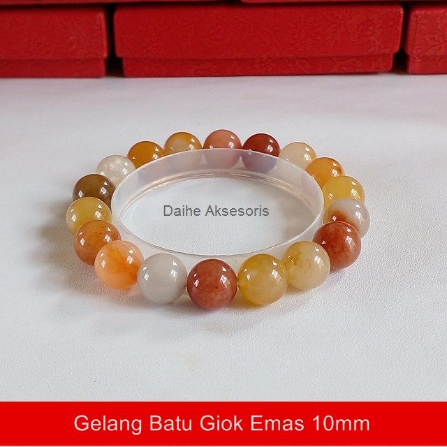 Gelang Batu Giok Emas 10mm / Gelang Giok / Natural Jade Bracelet