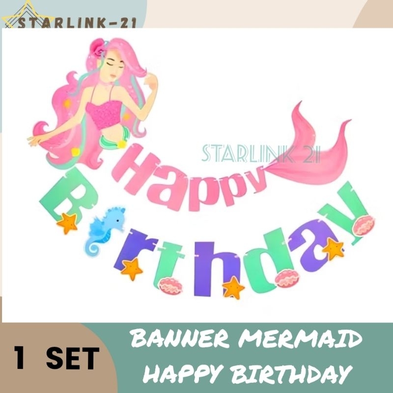 BANNER MERMAID HAPPY BIRTHDAY | Banner Ultah Anak Tema Mermaid