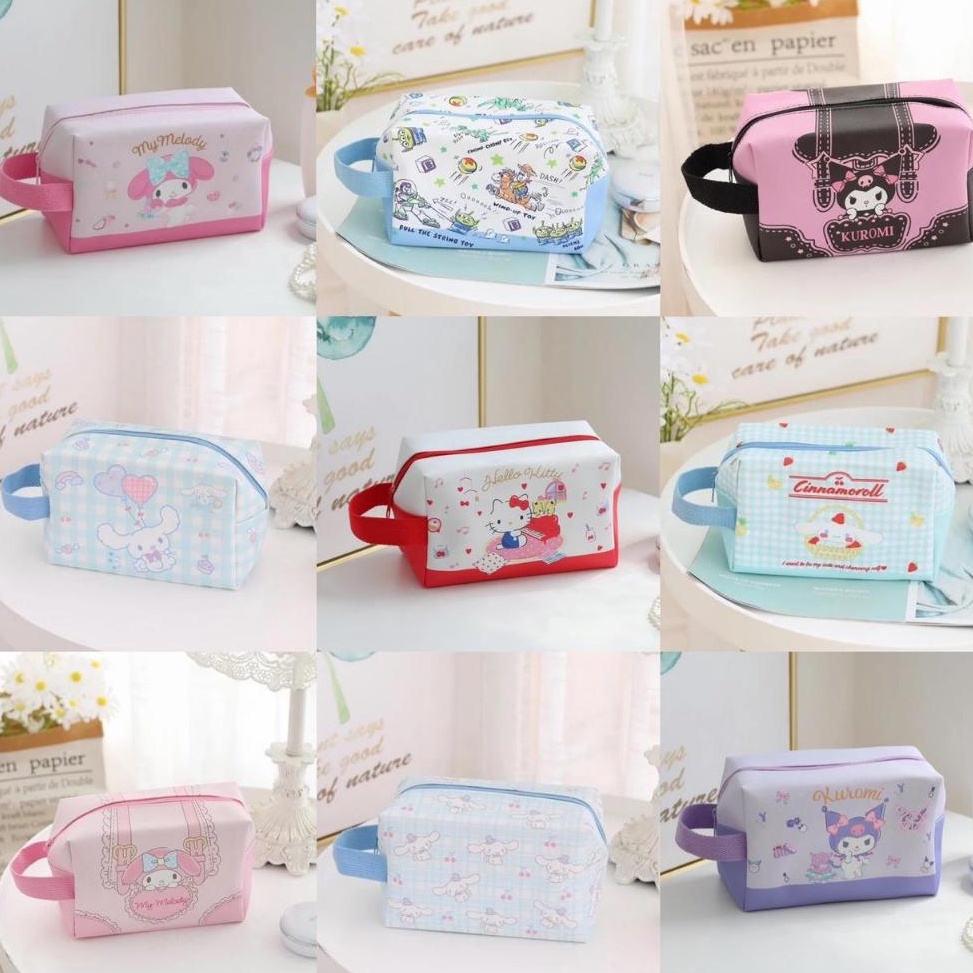 

ART V2E Pouch Handle Tempat Pensil Make Up Serbaguna Karakter Kartun Sanrio Hello Kitty My Melody Cinamoroll Doraemon Ariel Marron Cream Buckle Hadiah Kado Gift