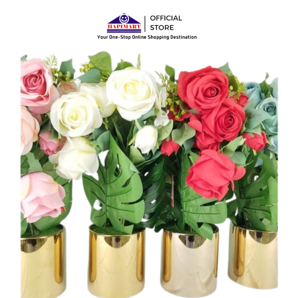 BUNGA MAWAR ARTIFICIAL BAHAN PLASTIK DENGAN POT GOLD DEKORASI RUMAH