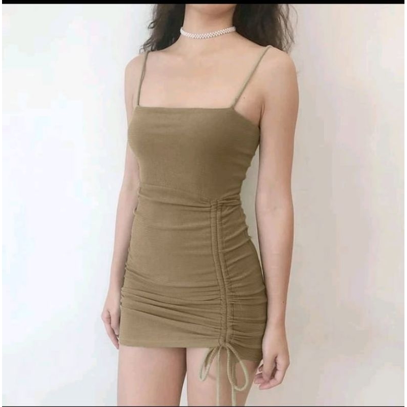Dress Tanktop Korean Style Tali Serut Bodycon Casual Wanita