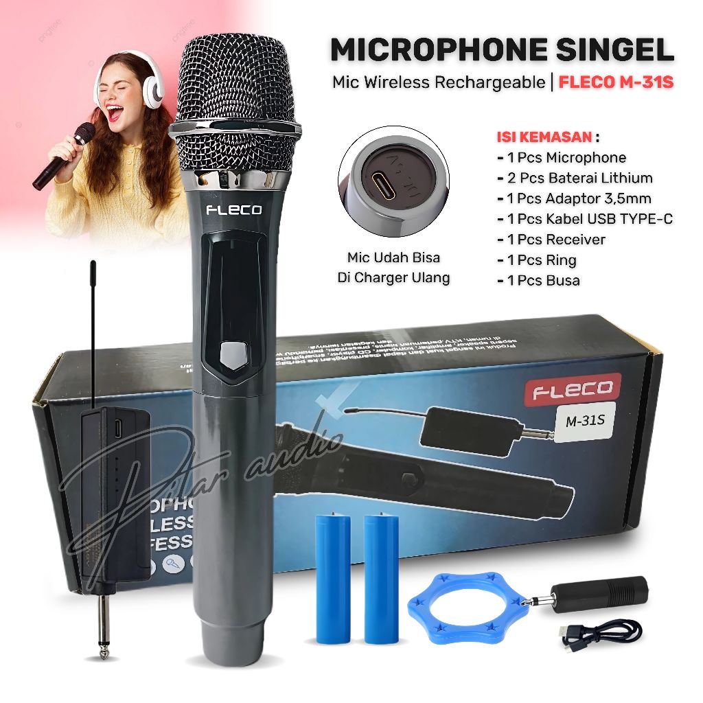 Microphone Wireless FLECO M-31S Digital Display Profesional Mikrofon Karaoke Tanpa Kabel | Mic Singe