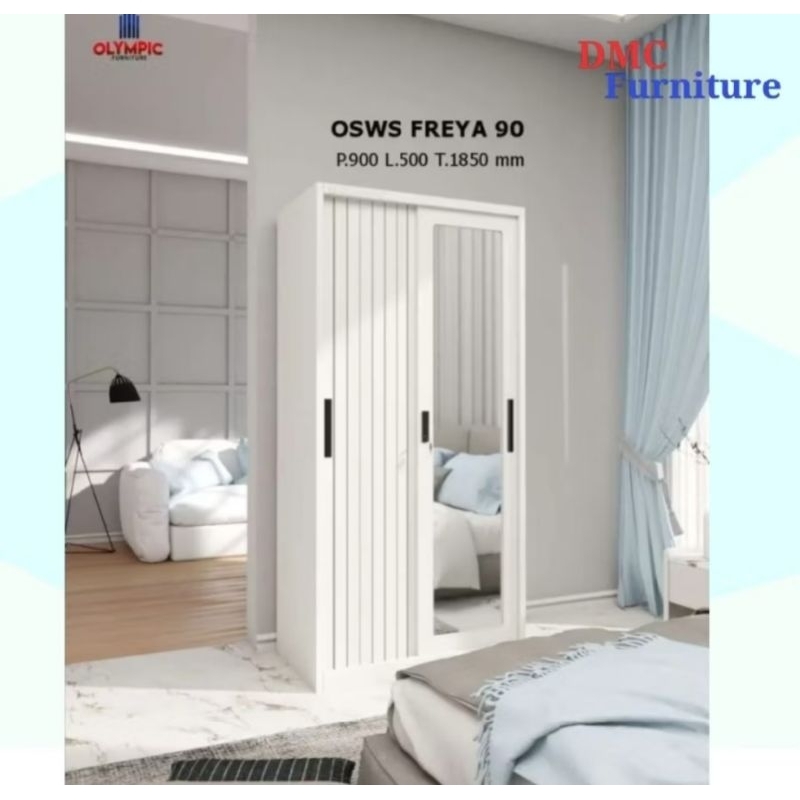 Lemari Baju 2 Pintu Sliding kaca Plat besi 90 cm Lemari pakaian besi 90 OSWS OLYMSTEEL