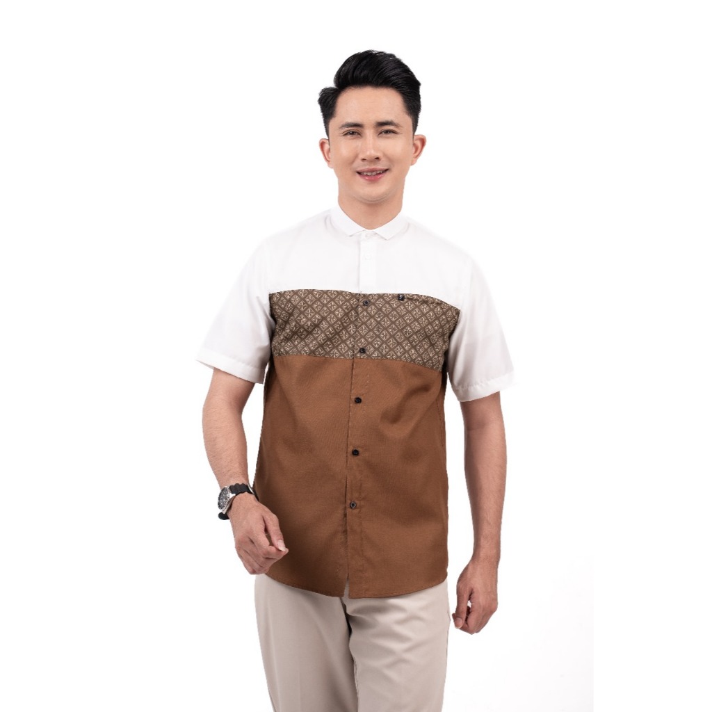 BAJU KOKO PRIA MODERN FADKHERA DZAFRI LENGAN PENDEK WBROKEN WHITE COPPER PUTIH
