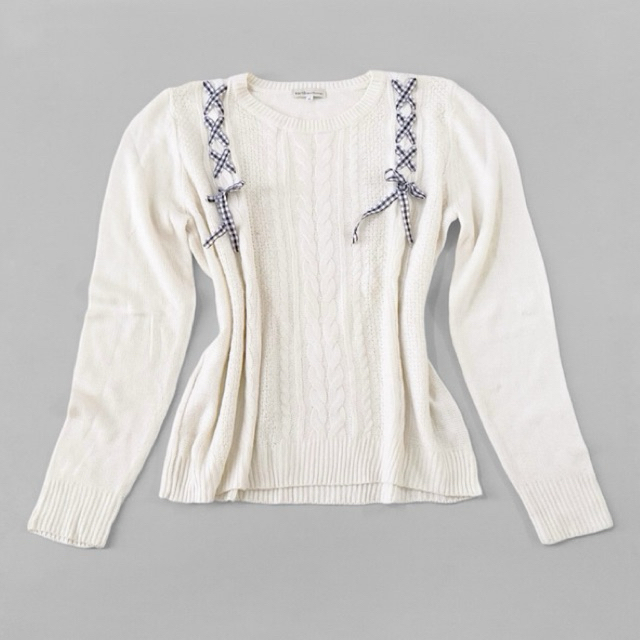 Earth Music&Ecology Reworked Cable Knit Sweater With Gingham Ribbon Accent Atasan Rajut Kerah Bundar