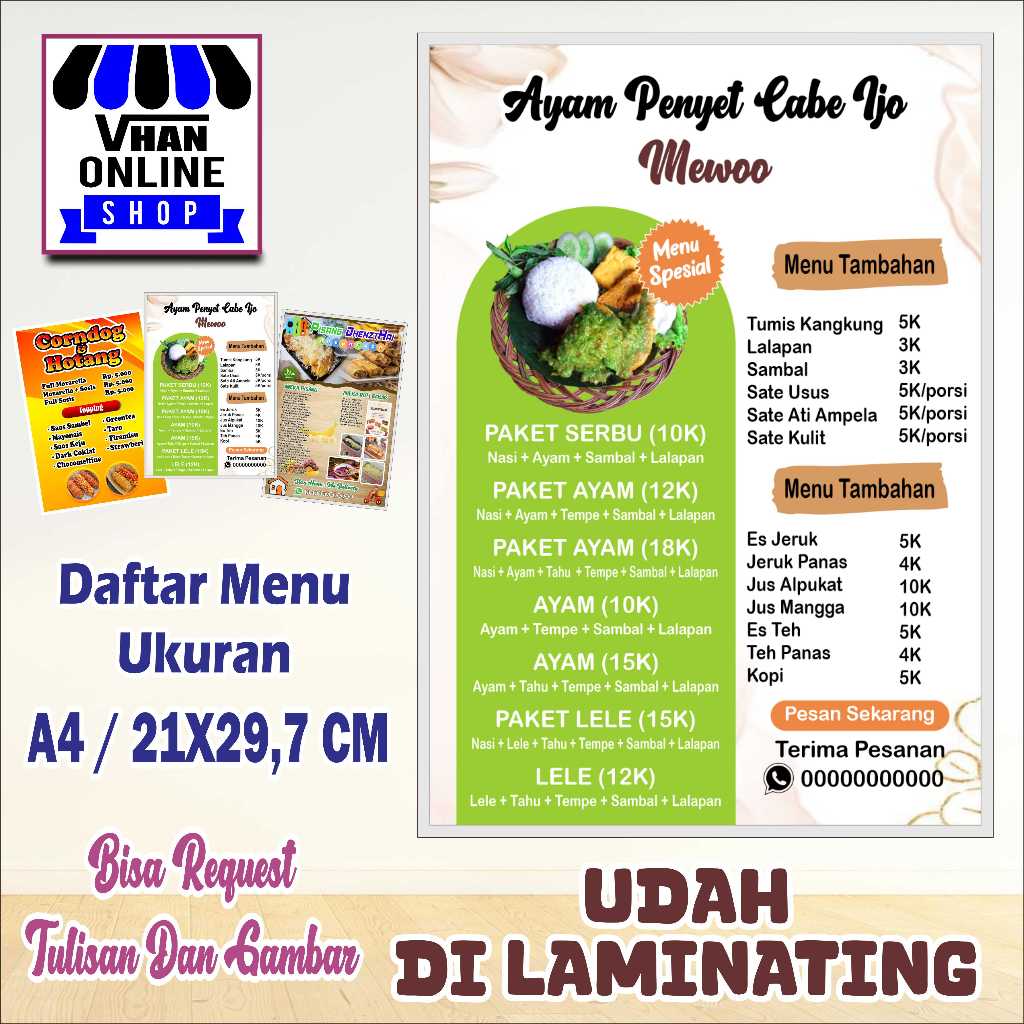 

Cetak Daftar Menu Ayam Penyet Cabe Ijo Bahan Kertas Dilaminating