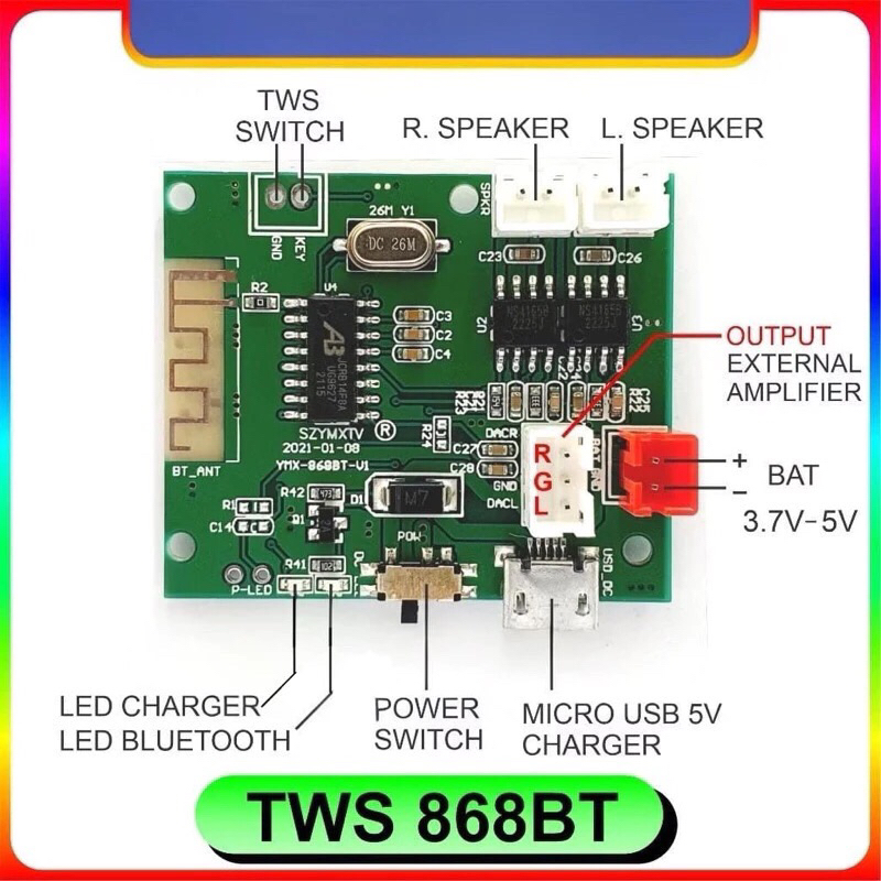 TWS 868BT 878BT Modul Bluetooth 5.2 TWS Amplifier Mini Class D 2X 5W Mp3 Decoder AUX Micro USB