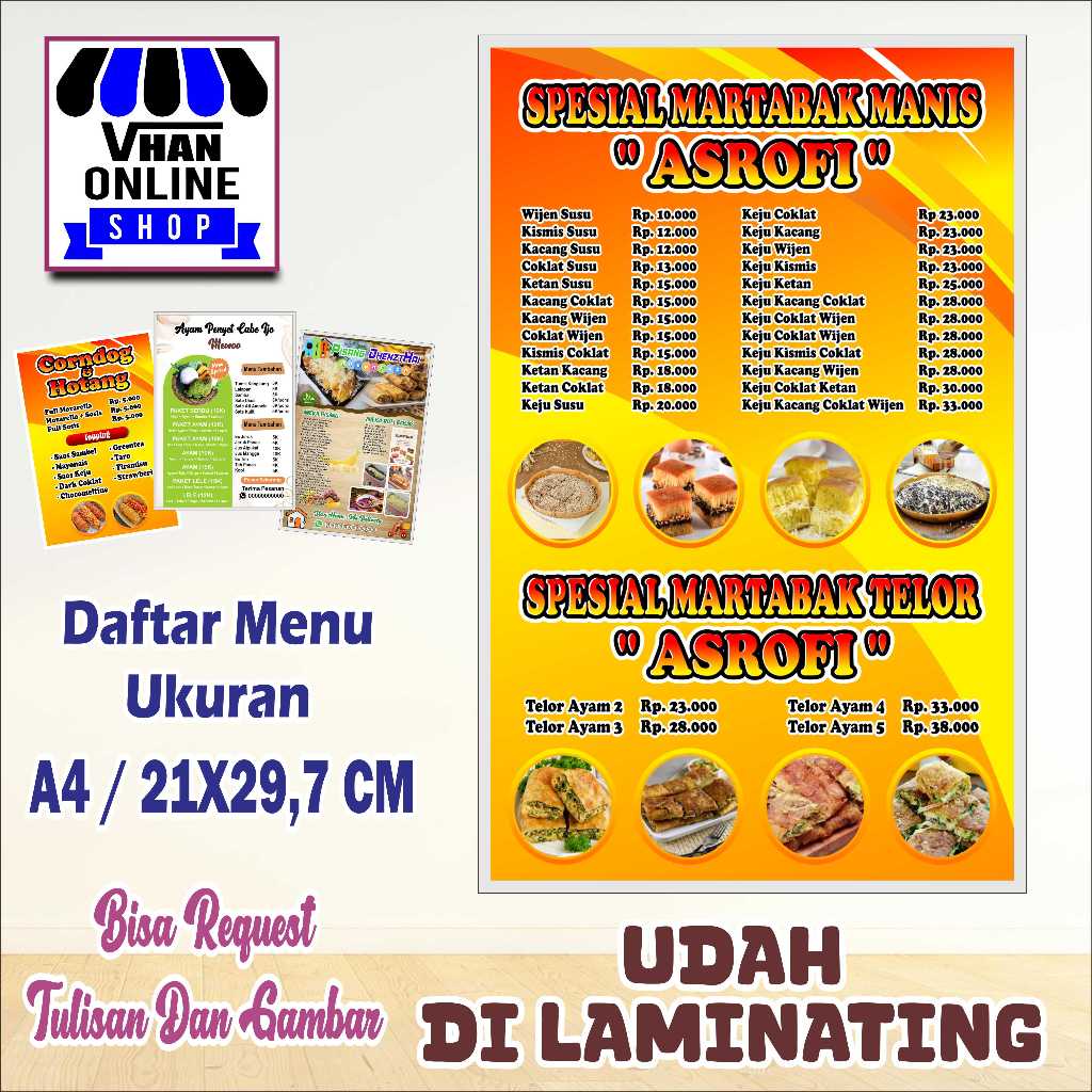 Cetak Daftar Menu Bahan Kertas Dilaminating Jualan Martabak Manis dan Martabak Telor