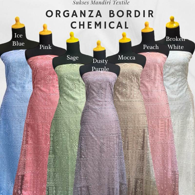 Kain Organza Bordir Kain Organza Motif Warna Pink, Dusty Purple, Ice Blue, Peach, Broken White, Mocc