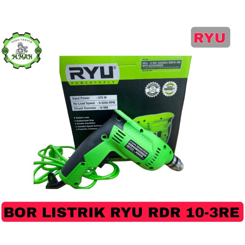 BOR LISTRIK MEREK RYU (RDR 10-3RE) 10mm 370 W/ BOR TANGAN 2 ARAH