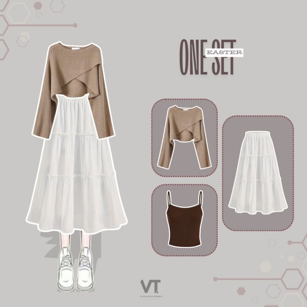 One Set Easter (Tanktop, Sweater, Rok) OOTD Hangout Remaja Kekinian