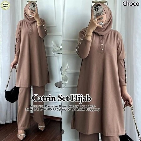 3IN1 SETELAN + HIJAB  CATRIN SET HIJAB KNIT FIT TO XL // SETELAN POLOS TUNIK // ONE SET TUNIK WANITA