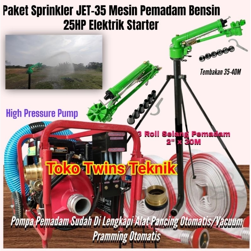Paket Sprinkler Big Rain JET-35 Mesin Pemadam 25HP Elektrik Starter Selang 90M Bensin Munrni