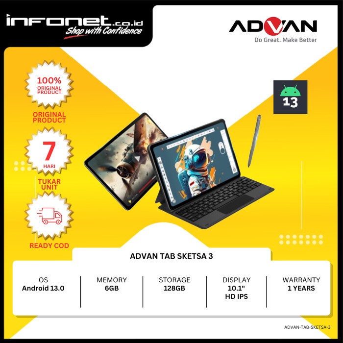 ADVAN TAB SKETSA 3 10.1"HD IPS 128GB RAM 8GB TIGER ANDROID 13 DUAL SIM CARD