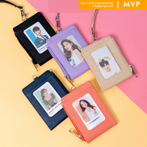 

MVP ID Card Holder Kulit Pu Lanyard Name Tag Dompet Lipat Resleting Lanyard Penyimpan Kartu