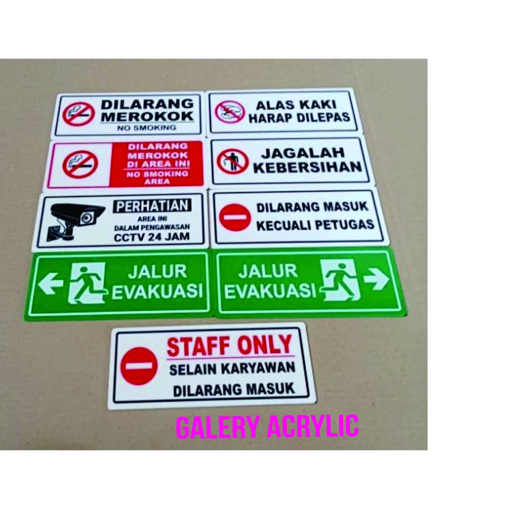 

Acrylic plat sign label jagalah kebersihan, alas kaki harap dilepas, dilarang masuk kecuali petugas dll