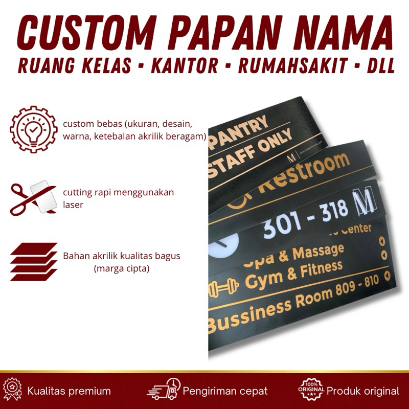 PAPAN NAMA AKRILIK, PAPAN NAMA, RUANG KANTOR, RUANG KELAS, HOTEL, RUMAHSAKIT DESAIN CUSTOM BEBAS